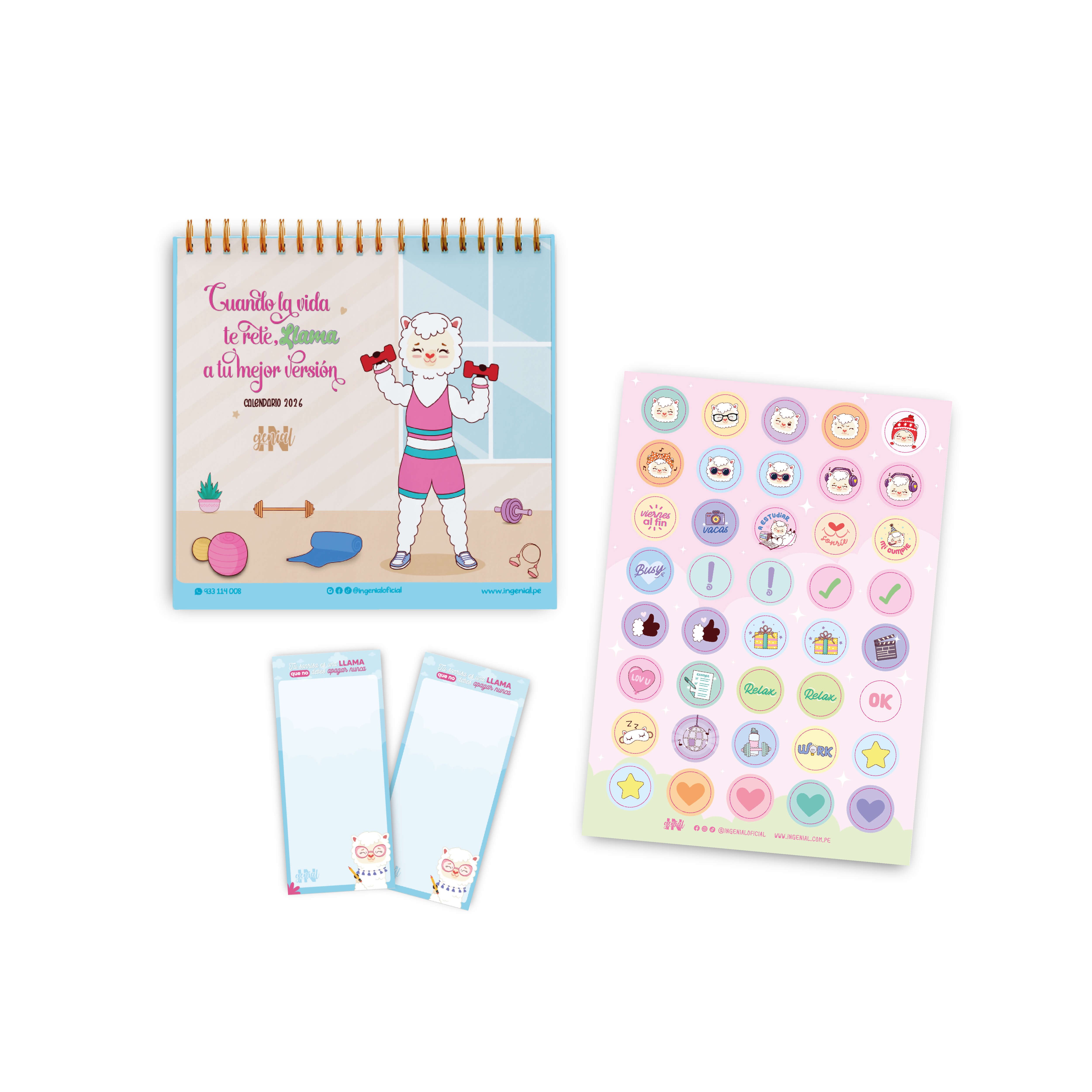 Pack Ingenial Llami MV: Calendario 2026 + set de notas + stickers